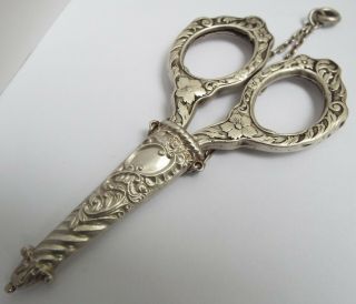 English Antique Sterling Silver Chatelaine Sewing Scissors & Case 1893