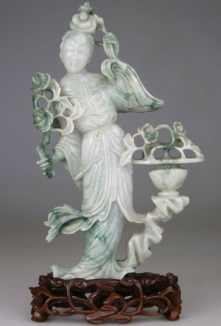 Antique Chinese Jade Jadeite Green White Figure Statue Kwanyin Carved Qing 19th