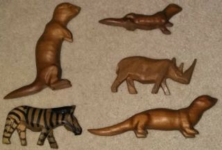 5 Hand Carved Vintage Wooden Animals