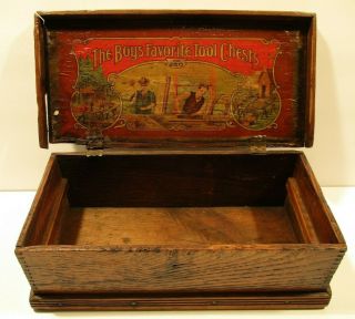 Rare Early 1900’s Wood Boys Favorite Tool Chests Treasure Chest - Great Graphics