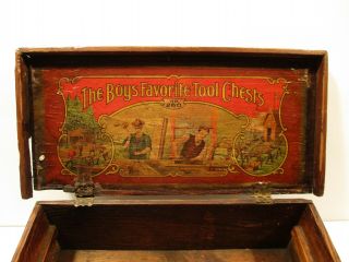 Rare Early 1900’s Wood BOYS FAVORITE TOOL CHESTS Treasure Chest - Great Graphics 2