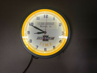 Vintage Chevrolet Tme Neon Clock,  Restored, .  D.  E.  Bard,  Mncie In.