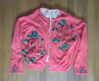 Vtg 50s Helen Bond Carruthers Sweater Pink Embroidered Roses Cashmere 36 Small