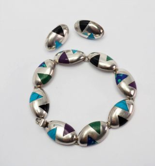 Vtg Sterling Silver Natural Gemstones Inlay Bracelet Earrings Set Cii Mexico