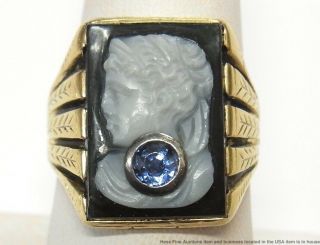 Massive 10k Gold Stone Cameo Natural Sapphire Mens Ring Art Deco Antique 8.  1gr