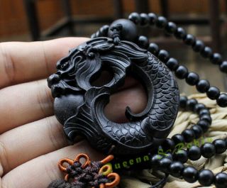 Black Wood Carving Chinese Fengshui Dragon Sculpture Prayer Beads Car Pendant