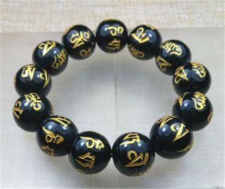 16mm Natural Black Agate 六字真言 Carved Round Stone Beads With Stretchy Bracelet