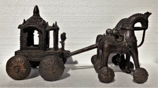 India: Old And Large Bronze Horses & Carriage Temple Toy