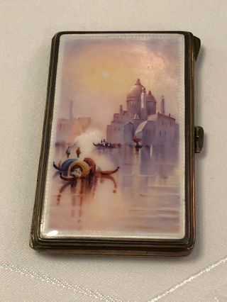 Sterling Silver Cigarette Case With Enamel Top Depicting Scene Of Venice