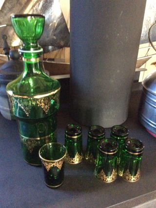 Italian Carafe/Decanter Green Hand Blown Glass/Gold Etching & 6 Matching Glasses 6