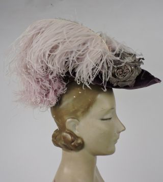 Antique Victorian Purple Velvet Hat W Lame Roses & Ostrich Plumes