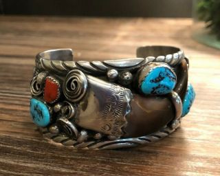 Vintage Navajo Sterling Silver Turquoise Coral Claw Bracelet
