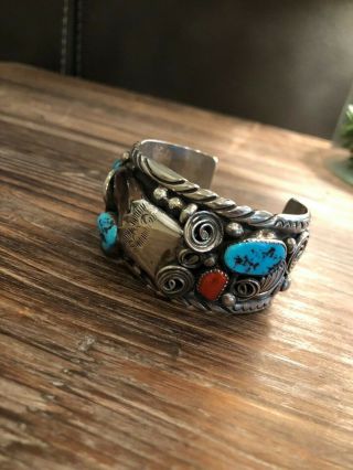 Vintage Navajo Sterling Silver Turquoise Coral Claw Bracelet 2