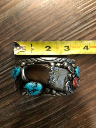 Vintage Navajo Sterling Silver Turquoise Coral Claw Bracelet 3