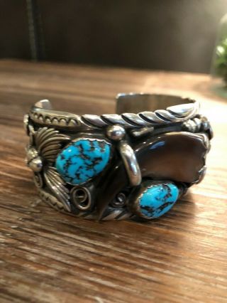 Vintage Navajo Sterling Silver Turquoise Coral Claw Bracelet 5