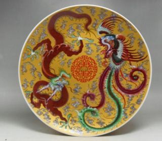 Decorative Chinese Rare Hand Painting Rare Rose Porcelain Plate Dragon Phoenix