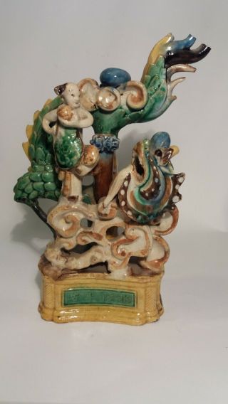 Antique Chinese Famille Verte Porcelain Dragon & Boy Statue /group Kangxi Period