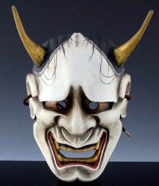 Great Antique Japanese Wood Carved & Lacquer Oni Demon Theater Mask Signed 3