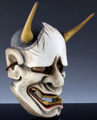 GREAT ANTIQUE JAPANESE WOOD CARVED & LACQUER ONI DEMON THEATER MASK SIGNED 3 2
