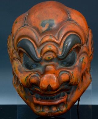 Great Antique Japanese Wood Carved Red Lacquer Oni Demon Theater Mask Signed 1