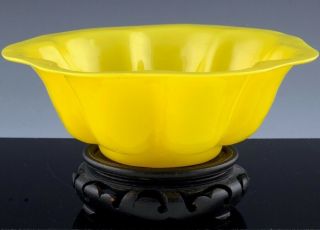 Fine Antique Chinese Qing Imperial Yellow Peking Glass Lobed Serving Bowl 2