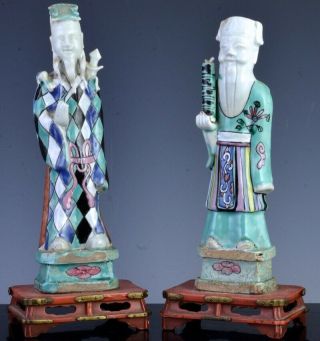 2rare 18thc Chinese Qianlong Famille Rose Enamel Immortal Scholar Figures Stands