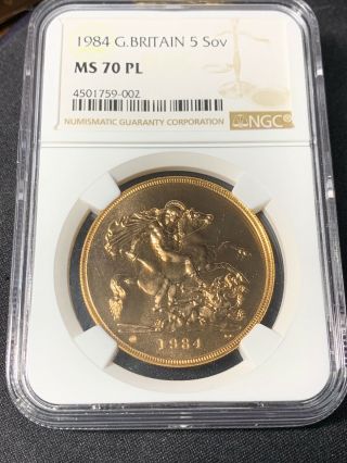 Great Britain 1984 5 Sovereign Gold Ngc Ms70 Pl (rare Proof Like) Top Pop 1/1