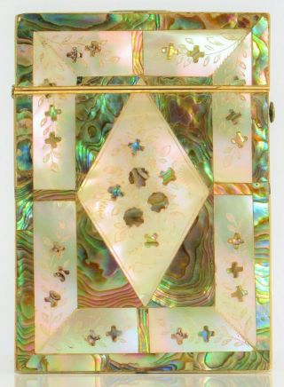 Antique Mother Of Pearl Fine Inlay And Engraved Details Business Card Holder