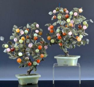 Pair Fine Chinese Jade Carnelain Agate Rose Quartz Fruiting Plant Tree Studies
