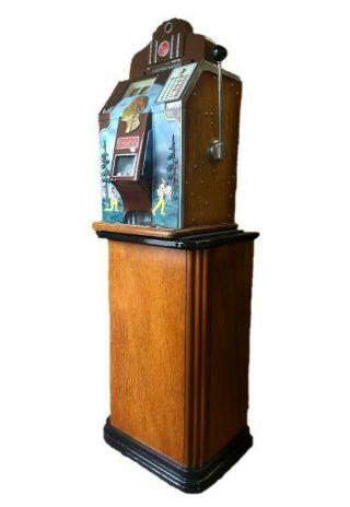 Vintage O.  D.  Jennings Chief Nickle Slot Machine W/ Hunting Scene,  Cabinet Stand