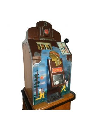 Vintage O.  D.  Jennings CHIEF Nickle Slot Machine w/ Hunting Scene,  Cabinet Stand 2