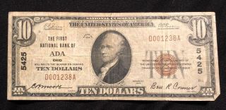 1929 10 Dollar Bill The First National Bank Ada Ohio $10 D001238a Vintage Rare