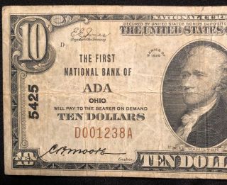 1929 10 Dollar Bill The First National Bank Ada Ohio $10 D001238A Vintage Rare 2