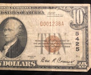 1929 10 Dollar Bill The First National Bank Ada Ohio $10 D001238A Vintage Rare 3