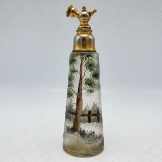 Vintage Art Glass Perfume Bottle Hand Painted Glass W/ Atomizer Top 6 " Tall