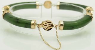 Vintage 14k Yellow Gold Natural Green Jade Chinese Bracelet - 7 "
