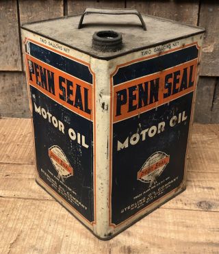 Vintage PENN SEAL Motor Oil Sterling Oil 2 Gallon Gas Station Metal Can Sign 10
