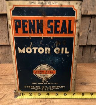 Vintage PENN SEAL Motor Oil Sterling Oil 2 Gallon Gas Station Metal Can Sign 12
