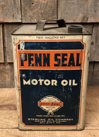 Vintage Penn Seal Motor Oil Sterling Oil 2 Gallon Gas Station Metal Can Sign