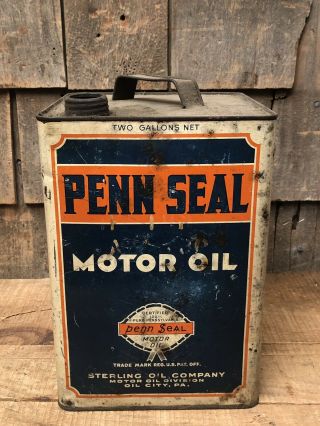 Vintage PENN SEAL Motor Oil Sterling Oil 2 Gallon Gas Station Metal Can Sign 3