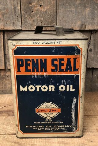 Vintage PENN SEAL Motor Oil Sterling Oil 2 Gallon Gas Station Metal Can Sign 5