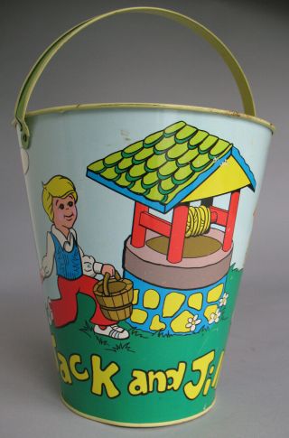 Vintage Ohio Art Jack & Jill Sand Pail Tin Litho Childs Bucket W/ Bail