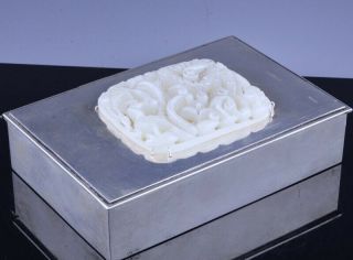 EXCEPTONAL EDWARD FARMER STERLING SILVER BOX CHINESE YUAN MING WHITE JADE PLAQUE 3