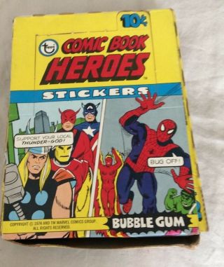Vintage 1975 Topps Marvel Comic Book Heroes - Display Box,  Stickers,  Checklist