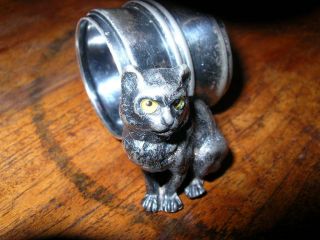 Antique Cat Sitting With Glass Eyes Silver/silverplate Figural Napkin Ring