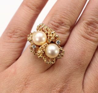 Vintage Ladys 14kt Yellow Gold Biomorphic Pearl & Diamond Cocktail Ring Size 6.  5