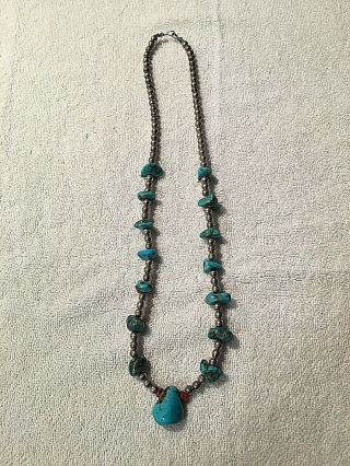 Vintage Old Pawn Sterling Silver Bench Bead &turquoise Nugget Necklace