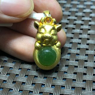 Chinese Zodiac S925 Silver & Green Hetian Jade Golden Pig Handwork Pendant 2.  6 G