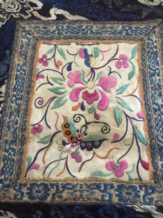 Antique Chinese Silk Panel Patch Tapestry HAND EMBROIDERED BUTTERFLY Flowers 2