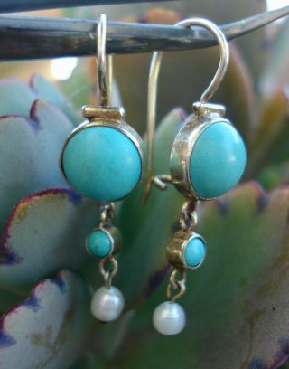 Antique Victorian Persian Turquoise & Pearl Sterling Silver Dangle Earrings